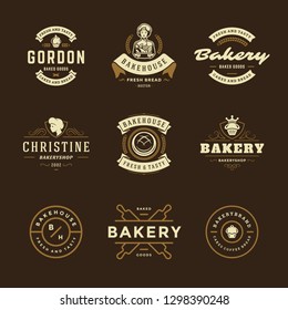 Bakery logos and badges design templates set vector illustration. Good for bakehouse and cafe emblems. Retro typography elements and silhouettes.