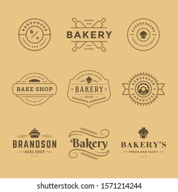 Bakery logos and badges design templates set vector illustration. Good for bakehouse and cafe emblems. Retro typography elements and silhouettes.