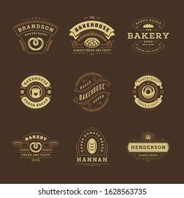 Bakery logos and badges design templates set vector illustration. Good for bakehouse and cafe emblems. Retro typography elements and silhouettes.