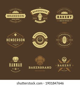 Bakery logos and badges design templates set vector illustration. Good for bakehouse and cafe emblems. Retro typography elements and silhouettes.