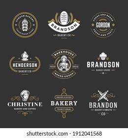 Bakery logos and badges design templates set vector illustration. Good for bakehouse and cafe emblems. Retro typography elements and silhouettes.