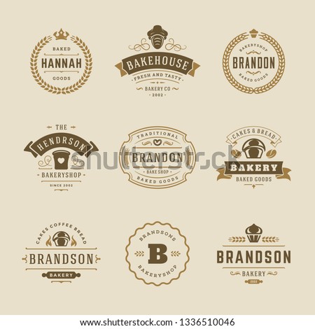 Bakery logos and badges design templates set vector illustration. Good for bakehouse and cafe emblems. Retro typography elements and silhouettes.