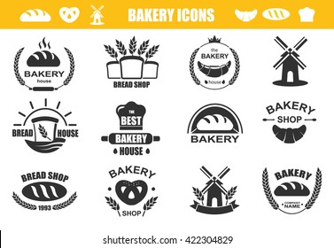 Bakery logos with fresh bread, pretzel, loaf and mill. Vector bakery icon set isolated.