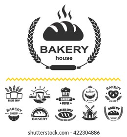 Bakery logos with fresh bread, pretzel, loaf and mill. Vector bakery icon set isolated.