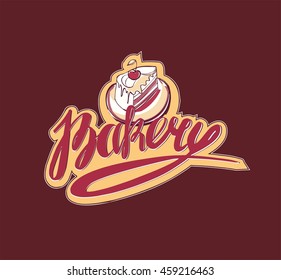 Bakery logotype with sketch cake and hand drawn lettering bakery. Isolated vector illustration