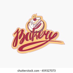 Bakery logotype with sketch cake and hand drawn lettering bakery. Isolated vector illustration
