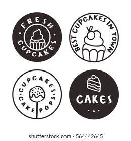 Bakery logotypes. Cakes, cupcakes, pastry. Vector hand drawn illustration