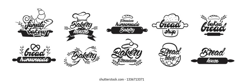 Bakery logotypes. Bakery house, home baking, mobile bakery logos in lettering style. Vector illustration