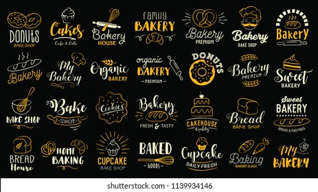 Bakery logotypes set. Bakery typography, logos, badges, labels, icons and objects.