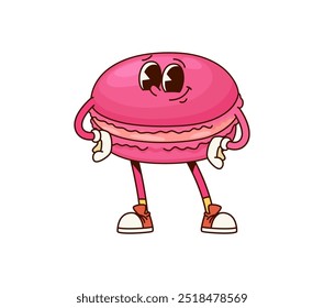 Carácter groovy del macarrón de la panadería con los ojos grandes y la sonrisa juguetona, trayendo la diversión y la vibra de la alegría. Postre de Vector de dibujos animados aislado, personaje de pastelería dulce animado de pie en pose segura con brazos akimbo