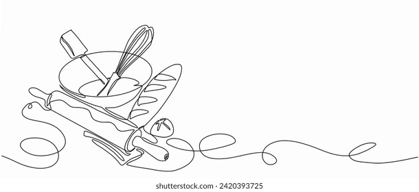 Bakery maker tools, Continuous One Line Hand Drawn Kitchen Utensils isolated on white background