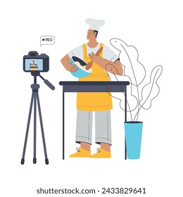 Bäckerei mit Mann Baker Charakter Aufnahme Video Lektion mit Kamera Vektor Illustration