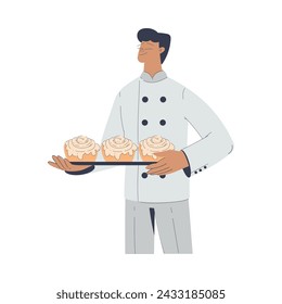 Bäckerei mit Mann Baker Charakter in Uniform Hold Tray mit Brötchen Vektor-Illustration