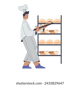 Bakery with Man Baker Character in Uniform with Tray at Rack with Fresh Bread Loaf Vector Illustration