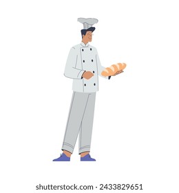 Bäckerei mit Mann Baker Charakter in Uniform Standing mit Brot Brot Laib Vektor Illustration