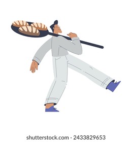 Bakery with Man Baker Character in Uniform Carry Shovel with Bread Loaf Vector Illustration