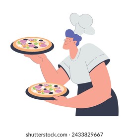 Bakery with Man Baker Character in Uniform Hold Tray with Pizza Vector Illustration