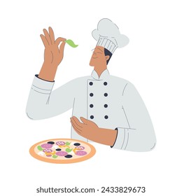 Bäckerei mit Mann Baker Charakter in Uniform Pizza vorbereiten Vektor-Illustration