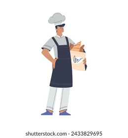 Bäckerei mit Mann Baker Charakter in Uniform Hold Bag mit Fresh Baked Pastry Vektor Illustration