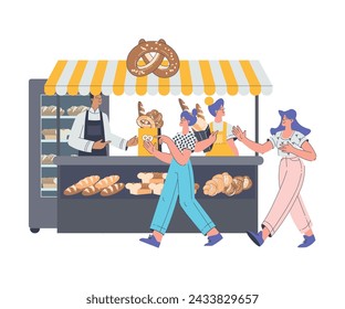 Bakery with Man and Woman Baker Character Sell Fresh Bread at Stall Vector Illustration