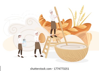 Bakery manufacturer male and female chef cooking kneading the dough directly in the bow professional bakery cartoon character design flat vector illustration on white background