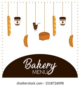 Bakery menu with a breads, coffe cups and chocolate glass - Vector illustration