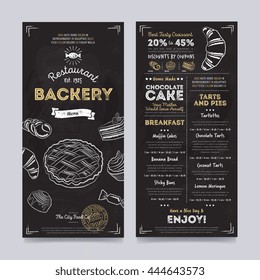 Bakery menu design and bakery hand drawn vector illustration. Retro cover restaurant menu template. 