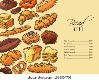 Bakery menu design template vector illustration. Fresh whole grain baguette, croissant and breadcrumb food breakfast in bakery. Designed menu for print