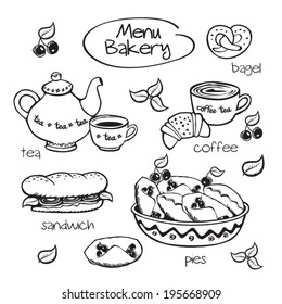 Bakery menu. Elements for bakery. Black and white. Vector illustration.