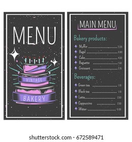 Bakery menu with flour products and beverages on black background with stains vintage style vector illustration