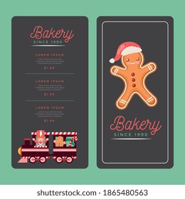 menú de panadería con pan de jengibre y tren. menú navidad