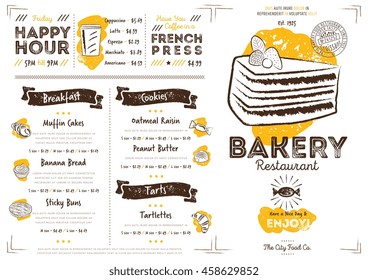 Bakery menu leaflet. Restaurant, bistro, cafe, bakery store menu design template vector illustration. Grunge food flyer with meal dish list and hand-drawn graphic elements in doodle style
