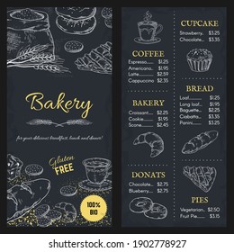 Bakery menu mockup. Hand drawn brochure of food with price. Cafe assortment, gluten free meal. Outline cupcake and pie, donut or bread on blackboard background. Vector design template for restaurant