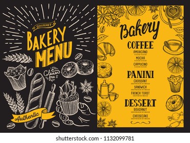 Bakery menu for restaurant. Design template with food and dessert hand-drawn graphic illustrations. 