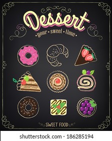 Bakery Menu. Sweet Dessert Set: Cupcake, Croissant, Donuts, Cake With Berries. Chalk Drawing