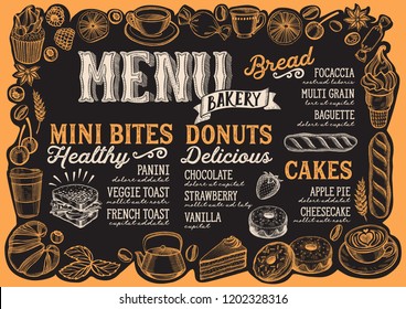 Bakery menu template for restaurant on a blackboard background vector illustration brochure for food and drink cafe. Layout with vintage lettering and frame of hand-drawn graphic fruits and sweets.