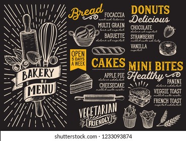 Bakery menu template for restaurant on a blackboard background vector illustration brochure for food and drink cafe. Design layout with vintage lettering and doodle hand-drawn graphic icons.