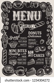 Bakery menu template for restaurant on a blackboard background vector illustration brochure for food and drink cafe. Design layout with vintage lettering and frame of hand-drawn fruits and sweets.