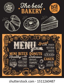 Bakery menu template for restaurant on a blackboard background vector illustration brochure for food and drink cafe. Design layout with vintage lettering and doodle hand-drawn graphic.
