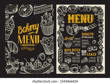 Bakery menu template for restaurant on a blackboard background vector illustration brochure for food and drink cafe. Design layout with vintage lettering and doodle hand-drawn graphic.