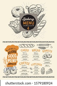 Bakery menu template for restaurant on a blackboard background vector illustration brochure for food and drink cafe. Design layout with vintage lettering and doodle hand-drawn graphic.