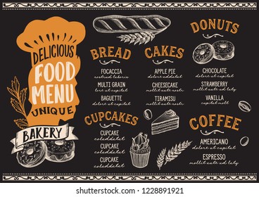 Bakery menu template for restaurant vector illustration brochure for gourmet food and drink cafe. Design layout with vintage chefs hat lettering and doodle hand-drawn graphic.