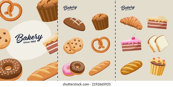 Bakery menu vector 3 page template with baked goods illustrations. Cake, cookie, bread, muffin, pretzel, donut. Cafe pastry menu with bakery logo. 