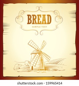 bakery mill. labels, pack for bread, baguette, loaf, cake, baked, croissant,bun