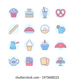 Bakery - modern line design style icons set. Cafe or restaurant menu, dessert, food and drinks. Muffin, milkshake, cake, donut, pie, tea and coffee, ice cream, cupcake, croissant, chocolate, macaroon