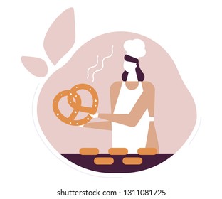 Bakery - modern vector flat design style illustration on white background. High quality composition with a female worker, baker in an apron and a hat holding a big pretzel, images of cakes, buns