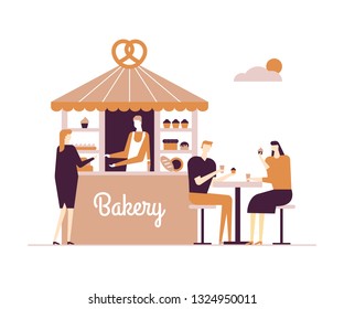 Bakery - modern vector flat design style illustration on white background. High quality composition with a male worker selling cakes and bread in the stand, a couple eating cupcakes at the table