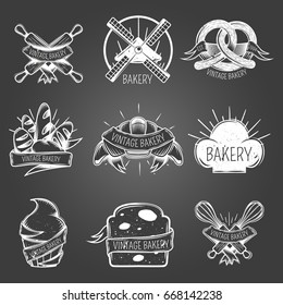 Bakery monochrome labels with pastry, culinary accessories, windmill on black background vintage style isolated vector illustration