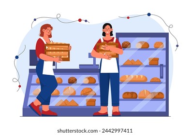 Concepto de ocupación de panadería. Dos mujeres con panes y baguettes. Productos de pastelería caseros. Trabajadores de cafetería y catering. Propietarios de pequeñas empresas. Ilustración plana del vector de la historieta aislada sobre fondo blanco