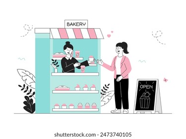 Bakery opening concept. Small business owner on streets of city. Seller and customer in store with cakes and cupcakes. Market and shop. Linear flat vector illustration isolated on white background